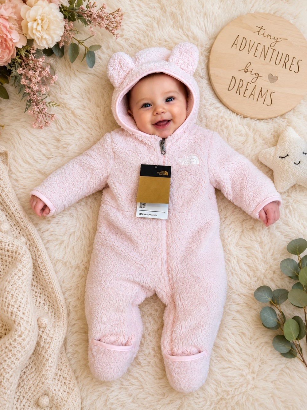 New w tags! The North Face Baby Pink Fleece One-Piece Hooded Footie